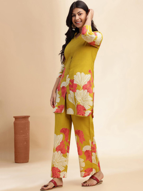 KALINI Floral Printed Mandarin Collar Cotton Tunic & Trousers - Image 6