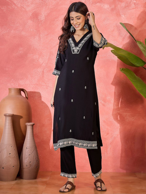 Sangria Floral Embroidered V-Neck Tunic With Trousers