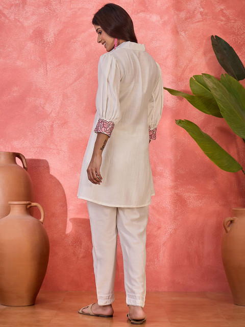 Sangria Embroidered Shirt Collar Neck Tunic With Trousers Co-Ords - Image 5