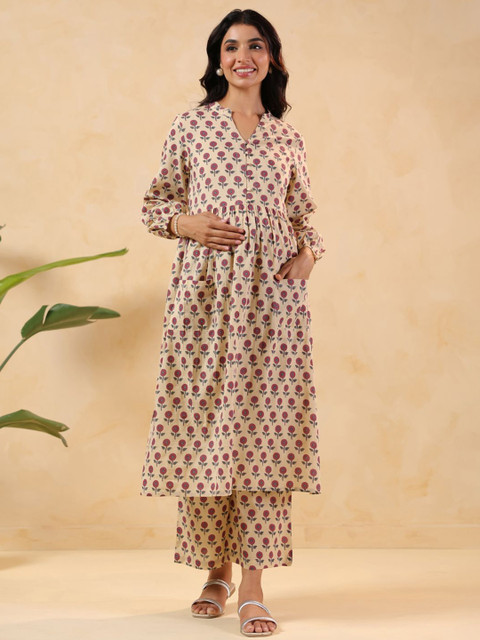 Janasya Women Floral Printed Maternity Pure Cotton Kurta With Trousers