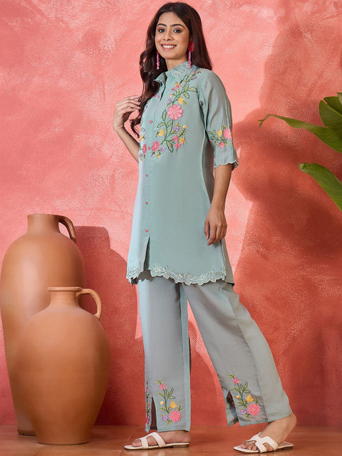 Sangria Floral Embroidered Tunic & Trousers Co-Ord Set - Image 4