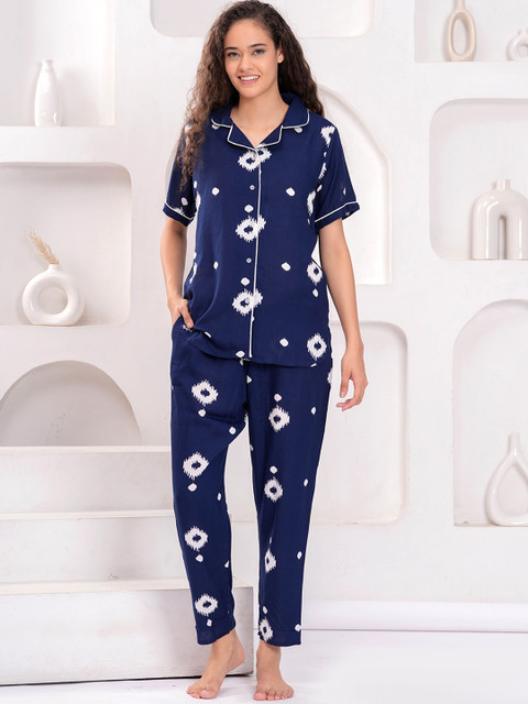 OH MI DIOS Geometric Printed Lapel Collar Pure Cotton Shirt With Pyjama
