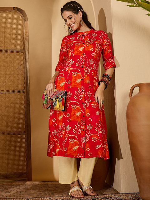 Sangria Floral Printed Mandarin Collar A-Line Kurta