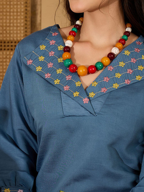 Sangria Floral Embroidered Shirt Collar Tunic & Trouser Co-Ord Set - Image 2