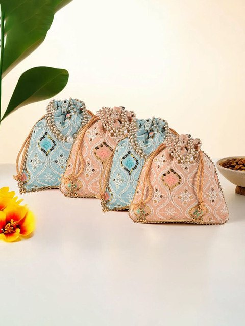 Kuber Industries 4 Pieces Embroidered Potli Clutches With Pearl Handle