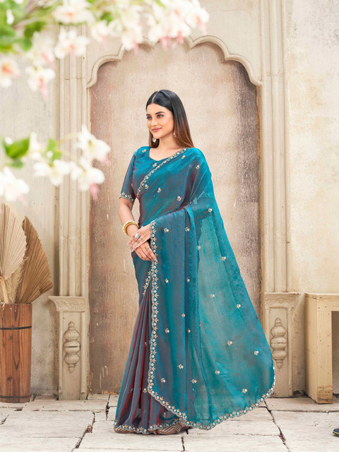 K 5 Fashion Embellished Beads and Stones Pure Chiffon Saree