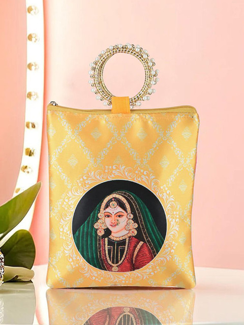 Kuber Industries 6 Pieces Maharani Printed Silk Zip & Handle Clutches