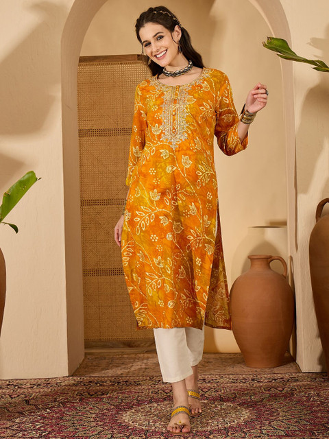 Sangria Floral Printed Round Neck Sequinned Straight Kurta