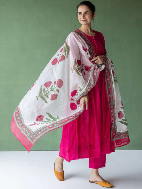 GoSriKi Sequinned Round Neck Anarkali Kurta With Trousers & Dupatta