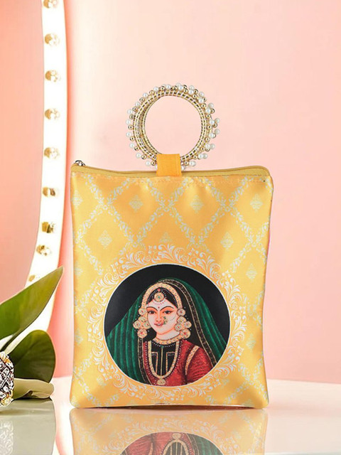 Kuber Industries Set of 4 Maharani Printed Silk Pearls Beaded Handle Purse Clutches