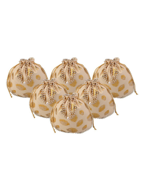 Kuber Industries Set of 6 Mor Phank Woven Design Beads Handle Silk Potli Bags