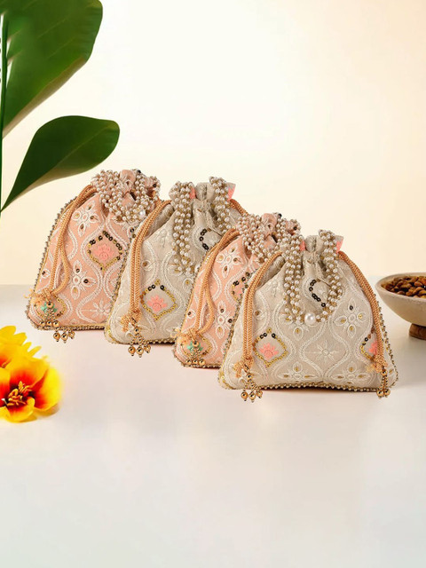 Kuber Industries 4 Pieces Lakhnavi Embroidered Pearl Handle Potli Clutches