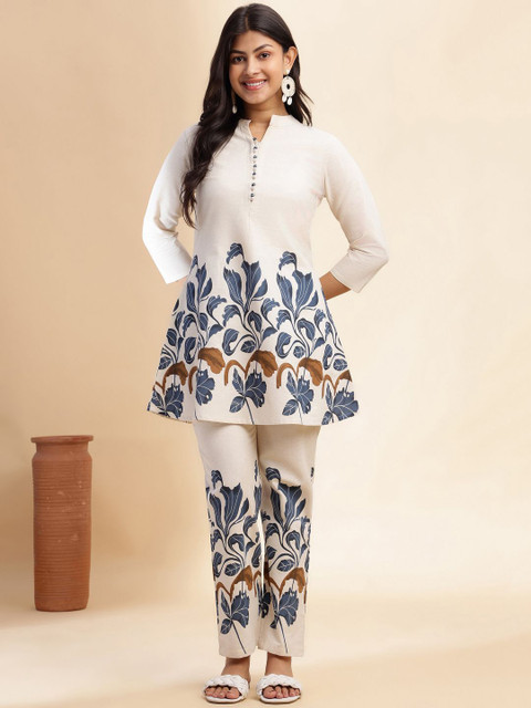 Vbuyz Floral Printed Mandarin Collar Neck Pure Cotton Tunic With Trouser