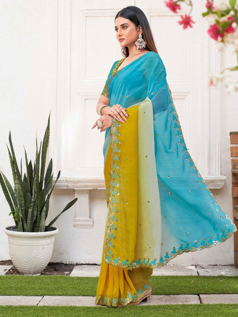 K 5 Fashion Floral Embellished Beads and Stones Pure Chiffon Saree - Image 2