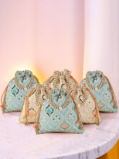Kuber Industries Set of 6 Lakhnavi Embroidered Sequinned Pearls Handle Potli Bags