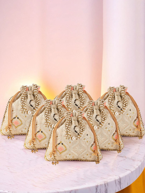 Kuber Industries Set of 6 Lakhnavi Embroidered Sequinned Pearls Handle Potli Bags