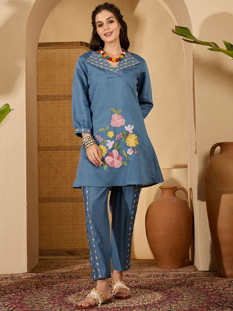 Sangria Floral Embroidered Shirt Collar Tunic & Trouser Co-Ord Set - Image 6