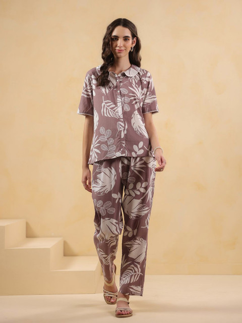 SANSKRUTIHOMES Women Tropical Printed Shirt Collar Pure Cotton Night suit