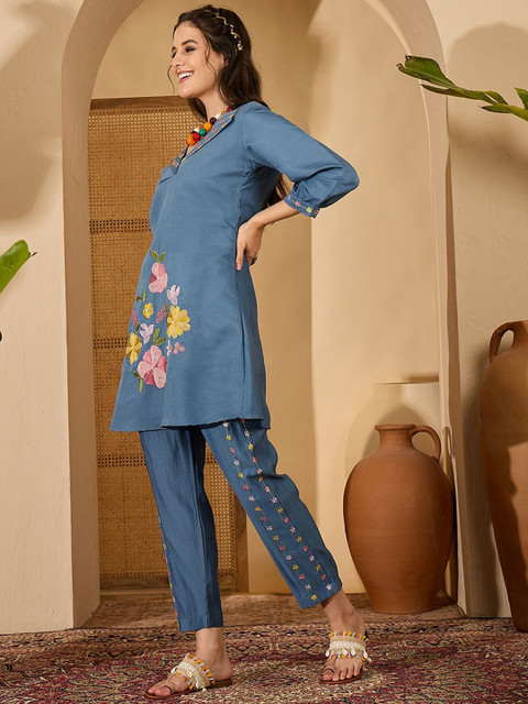 Sangria Floral Embroidered Shirt Collar Tunic & Trouser Co-Ord Set - Image 4
