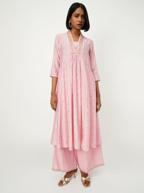 max Floral Embroidered V-Neck Beads & Stones Cotton Anarkali Kurta