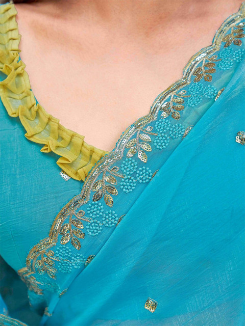 K 5 Fashion Floral Embellished Beads and Stones Pure Chiffon Saree - Image 5