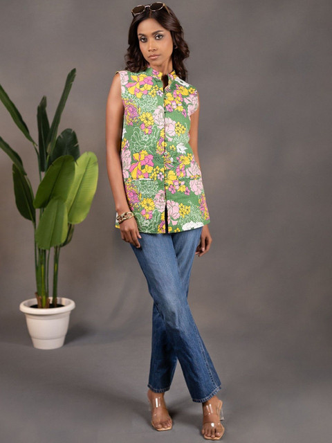 THE BEHRUZ THEORY Printed Mandarin Collar Pure Cotton Single-Breasted Blazers