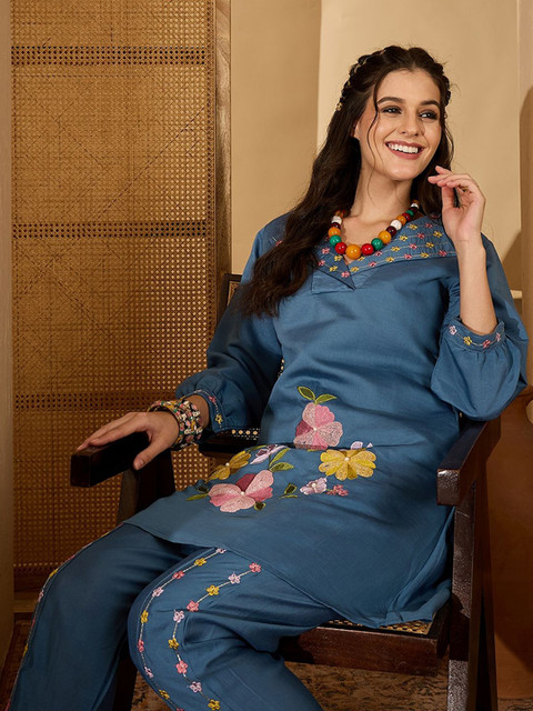Sangria Floral Embroidered Shirt Collar Tunic & Trouser Co-Ord Set - Image 7