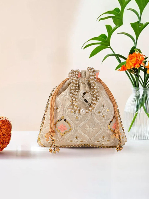 Kuber Industries Lakhnavi Floral Printed & Embroidered Pearls Studded Handle Potli Clutch