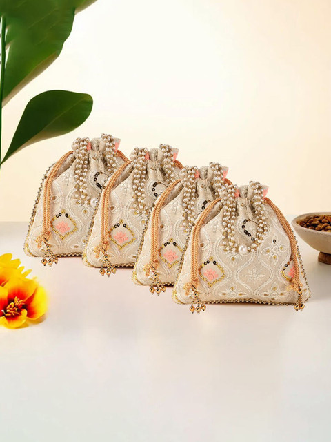 Kuber Industries Set of 4 Lakhnavi Embroidered Sequinned Pearls Handle Potli Bags