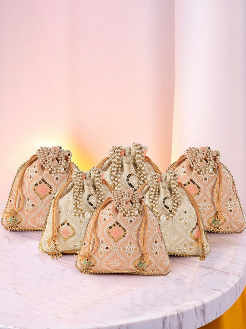Kuber Industries 6 Pieces Embroidered Potli Clutches With Pearl Handle