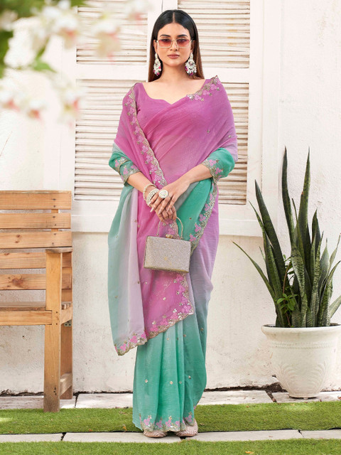 K 5 Fashion Floral Embroidered Beads and Stones Pure Chiffon Saree