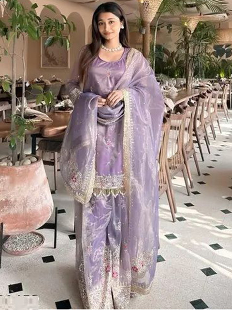 AKSHARAM Women Floral Embroidered Regular Sequinned Kurta with Sharara & With Dupatta