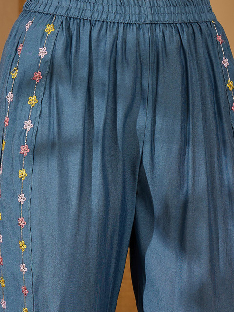 Sangria Floral Embroidered Shirt Collar Tunic & Trouser Co-Ord Set - Image 3
