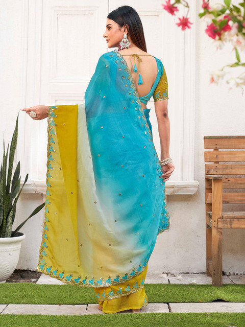 K 5 Fashion Floral Embellished Beads and Stones Pure Chiffon Saree - Image 3