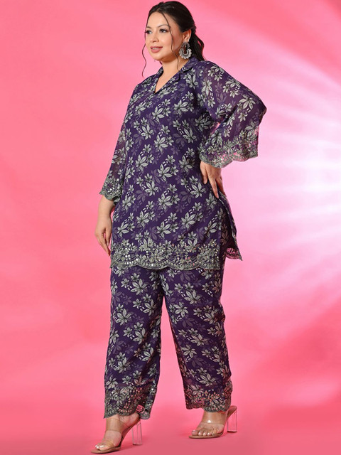 PrettyPlus by Desinoor.com Plus Size Floral Printed Georgette Tunic With Trouser - Image 4