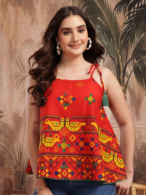 HERE&NOW Women Ethnic Motifs Printed Sleeveless Tie-Ups A-Line Cotton Top