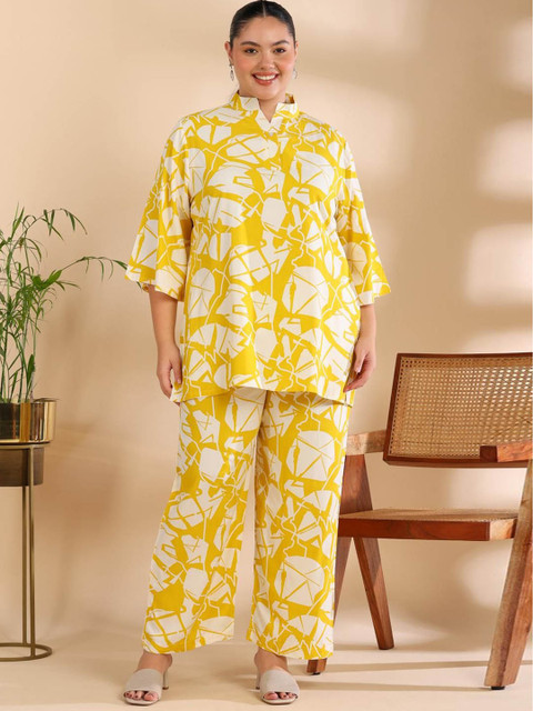 ISHQY Plus Size Floral Printed Mandarin Collar Pure Cotton Tunic With Palazzos