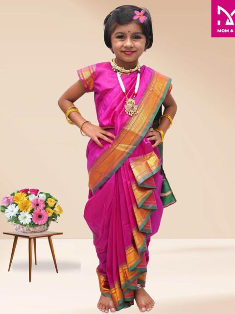 Mom and Me Girls Woven Pure Cotton Saree With Unstitched Blouse