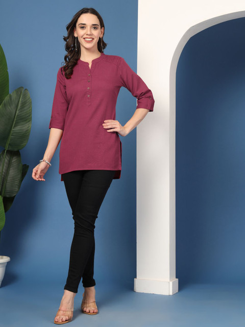 Pistaa Mandarin Collar Roll-Up Sleeves Pure Cotton Kurti