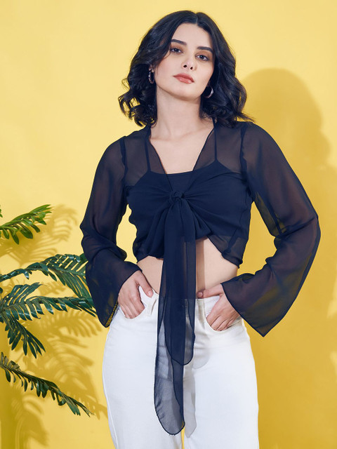 ANVI Be Yourself Solid Georgette Open Front Tie-ups Crop Sheer Shrug