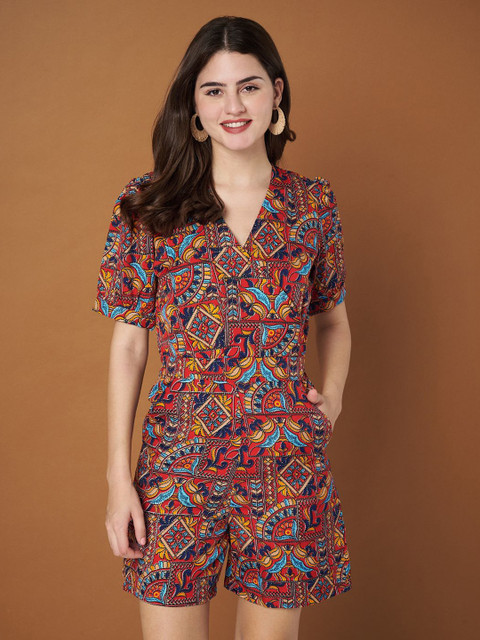 BRINNS Abstract Printed V-Neck Puffed Sleeves Playsuit