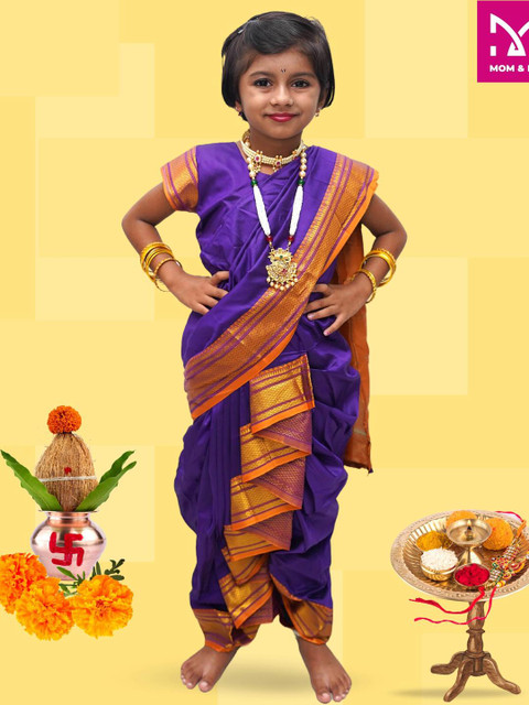 Mom and Me Girls Woven Pure Cotton Saree With Unstitched Blouse