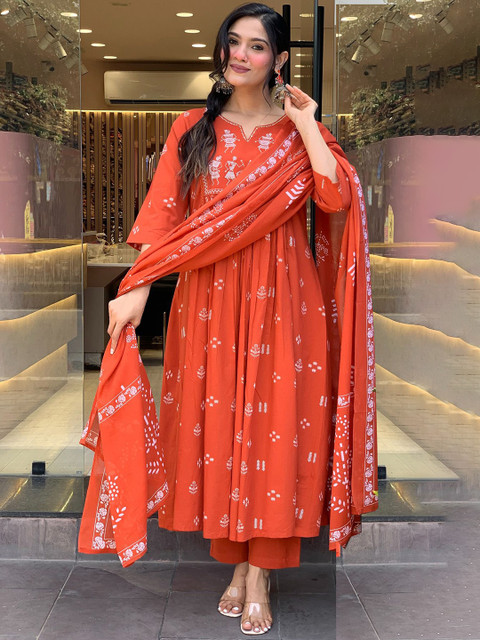 KALINI Ethnic Motifs Printed Notch Neck Anarkali Kurta With Trousers & Dupatta