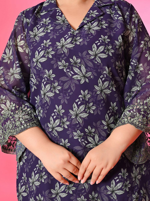PrettyPlus by Desinoor.com Plus Size Floral Printed Georgette Tunic With Trouser - Image 2