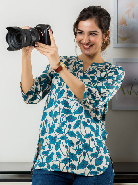 JEMCY Women Floral Print Regular Sleeves Cotton Top