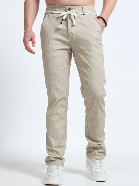 BEVDAAS Men Solid Striped Mid-Rise Relaxed Fit Trousers