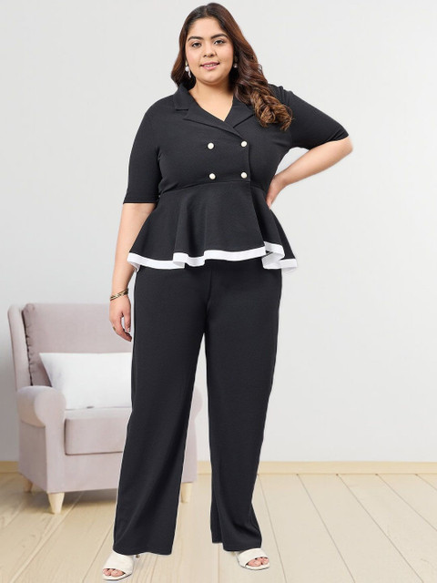 Sztori Plus Size Lapel Collar Top With Trousers
