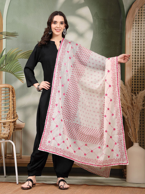 Clora Creation Floral Printed Mirror Work Pure Cotton Dupatta