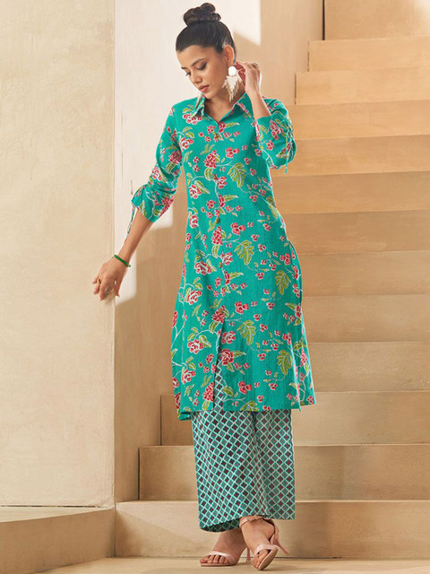 DRESOUL Floral Printed Pure Cotton Shirt Collar Neck Tunic With Palazzos