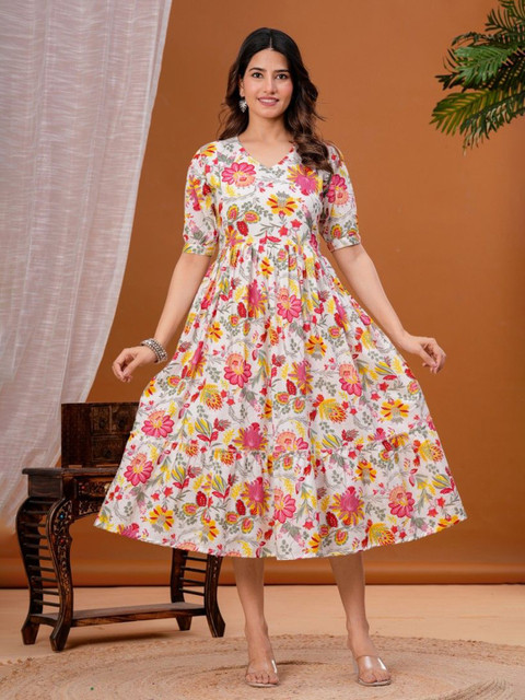 JAIPURFAME Floral Printed V-Neck Puff Sleeves Maternity Cotton Anarkali Ethnic Dress